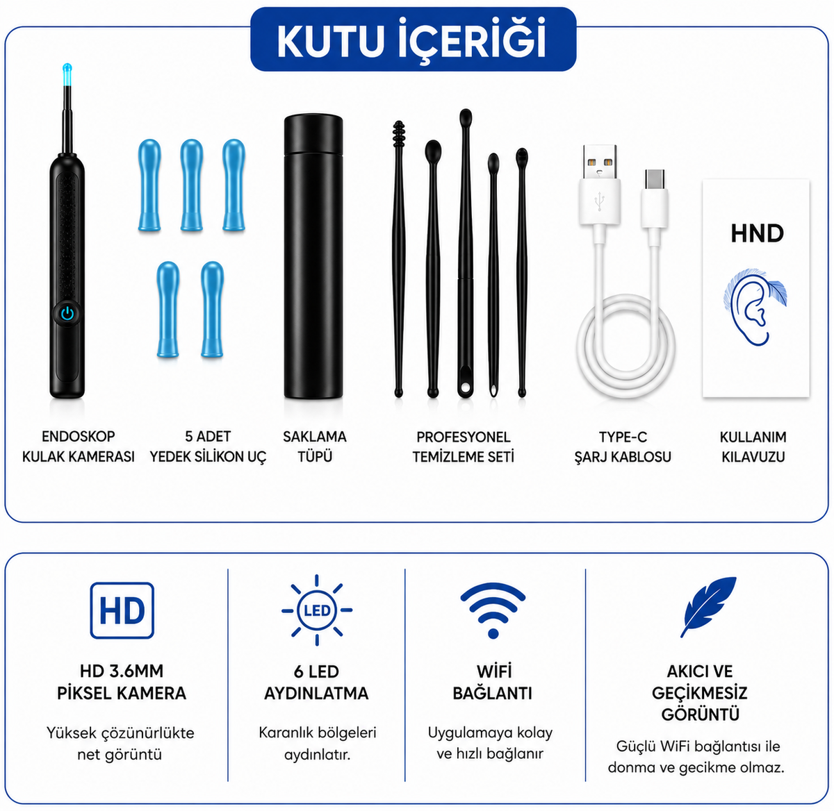 Polynix Akıllı Kulak Temizleme Seti - Telefonla Görüntülü, Kablosuz Şarjlı