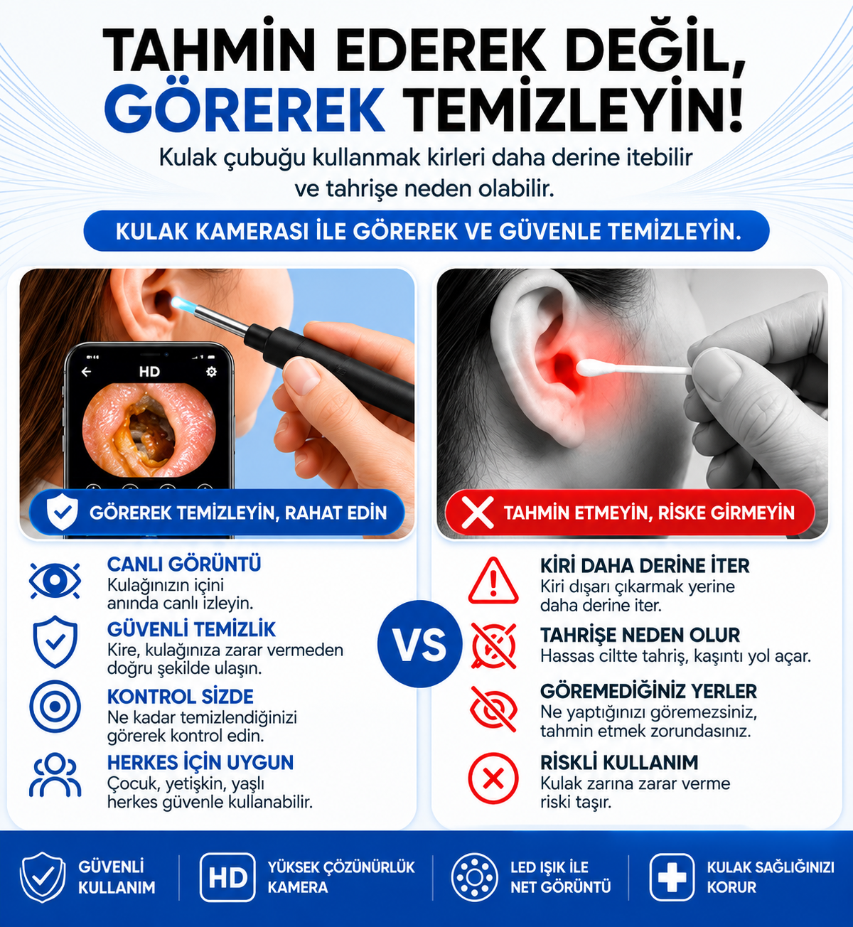 Polynix Akıllı Kulak Temizleme Seti - Telefonla Görüntülü, Kablosuz Şarjlı