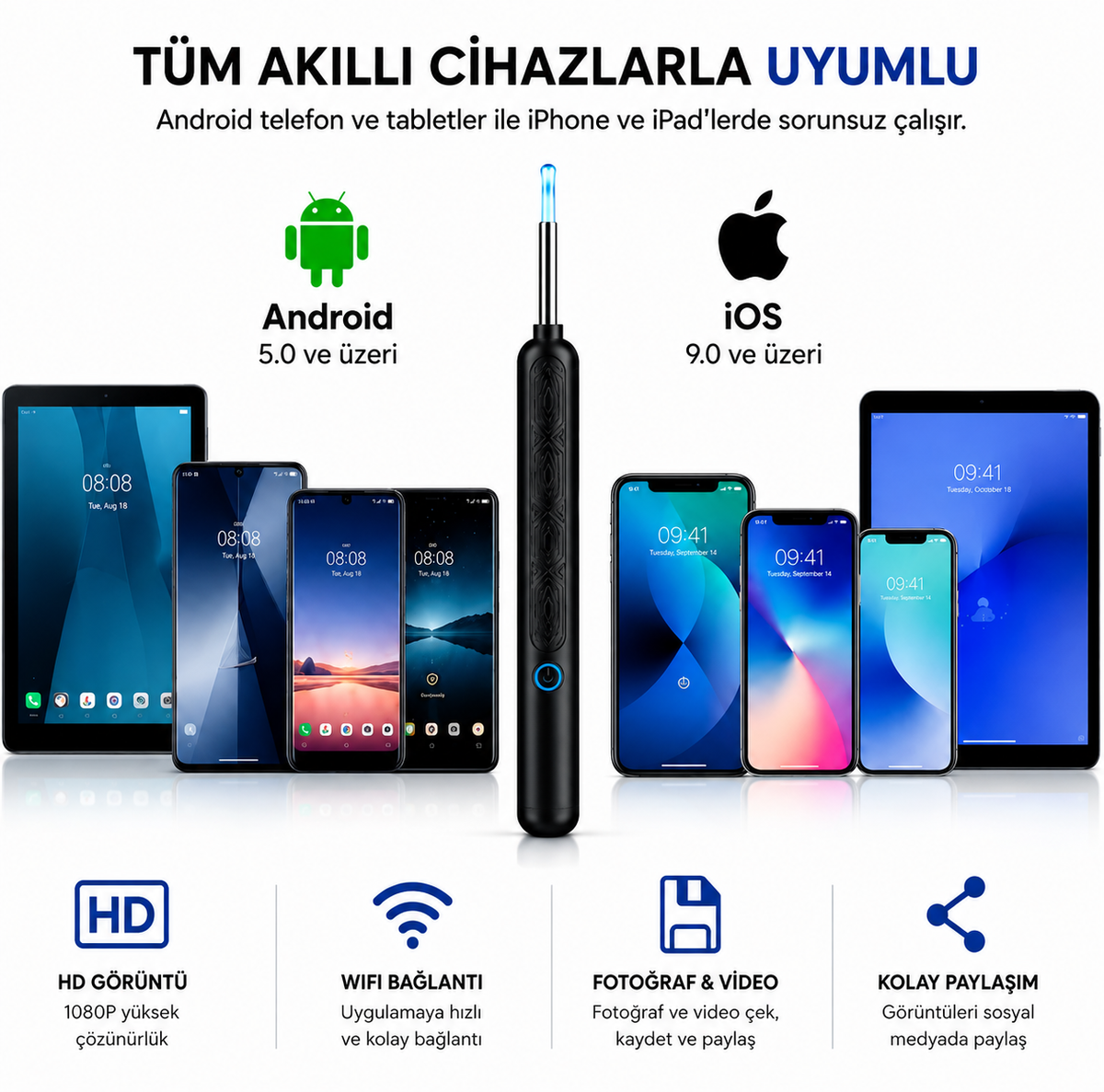 Polynix Akıllı Kulak Temizleme Seti - Telefonla Görüntülü, Kablosuz Şarjlı