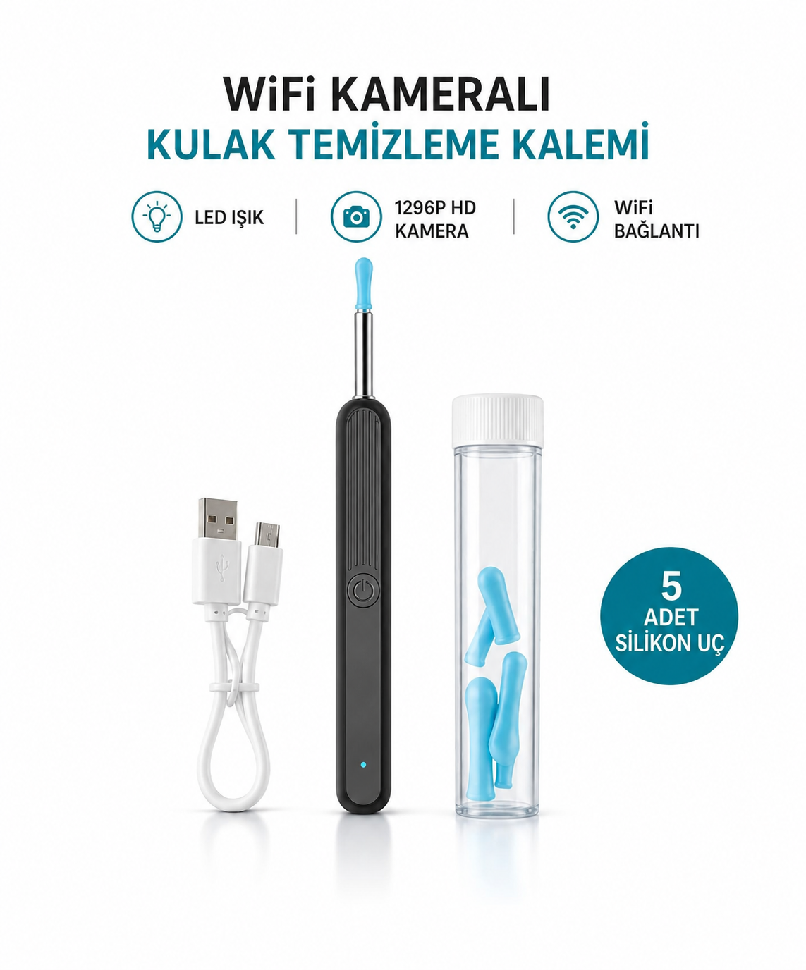 Polynix Akıllı Kulak Temizleme Seti - Telefonla Görüntülü, Kablosuz Şarjlı